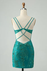 Vestido corto de fiesta elegante, ajustado, verde oscuro, con tirantes finos, corsé y lentejuelas